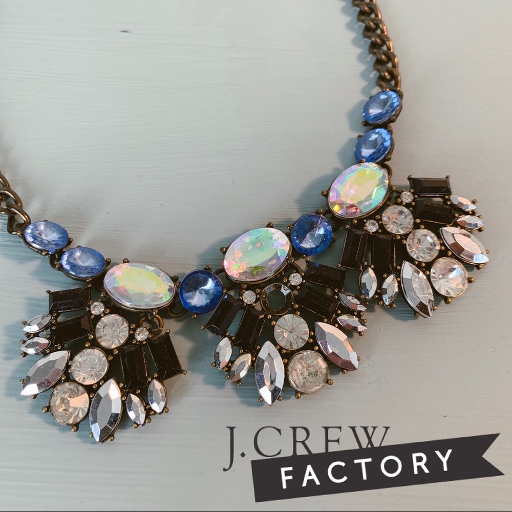 J.Crew Factory Blue Iridescent Crystal Statement Bib Necklace Antique Brass Tone